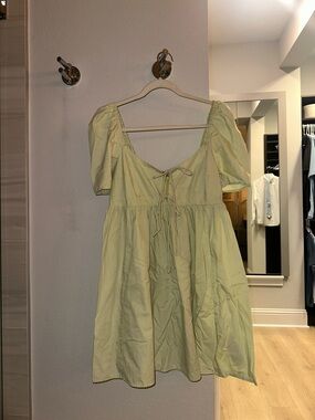 Abercrombie & Fitch Pale Yellow Puff Sleeve Mini Dress with Tie Front